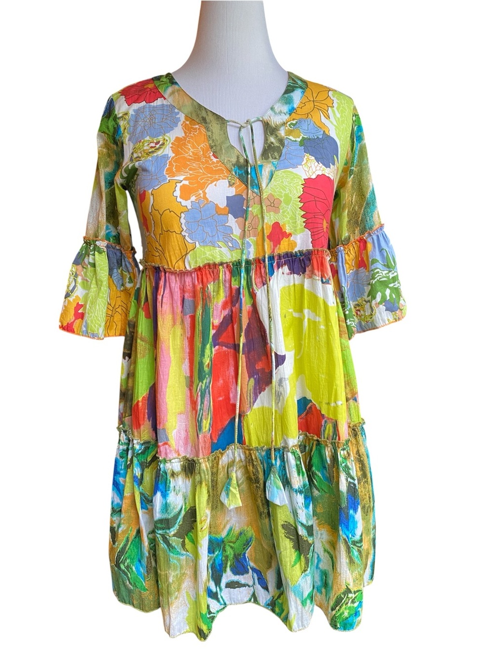 Dress Addict Jazz 35 Blue Floral Multi-Color Tiered Mini Cotton Dress